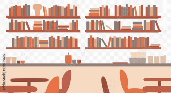 Fototapeta Bookshelves filled with books and a counter with cups and chairs.