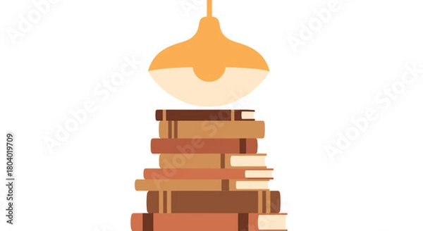 Fototapeta Stack of books illuminated by a hanging lamp.