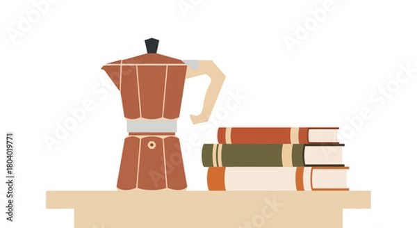 Fototapeta Coffee pot and stack of books on a table.