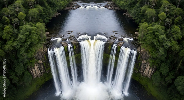 Fototapeta Drone Shot of a Waterfall with a Clear Reflection in a Still Pool