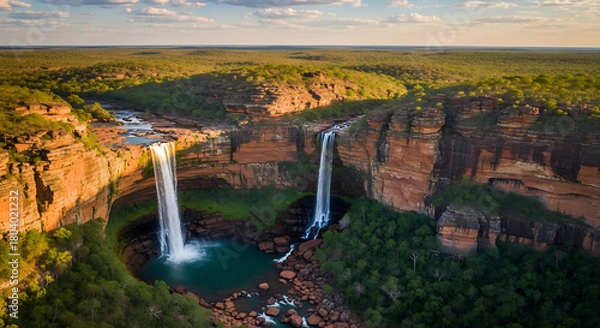 Fototapeta Aerial Shot of Chapada dos Guimarães Red Cliffs and Waterfalls
