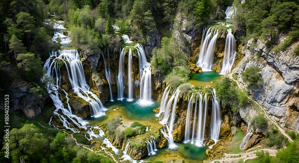 Fototapeta Aerial Drone Footage of a Multi-Tiered Cascading Waterfall System
