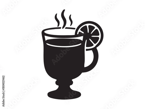 Fototapeta Black silhouette of steaming christmas drink with lemon slice, isolated on white background. concept of holiday beverage, festive mug, warm drink, winter season, design element