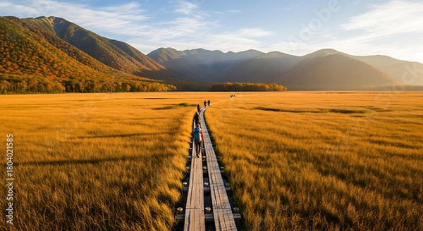 Fototapeta Drone View of Oze National Park Marsh Boardwalk and Autumn Golden Field