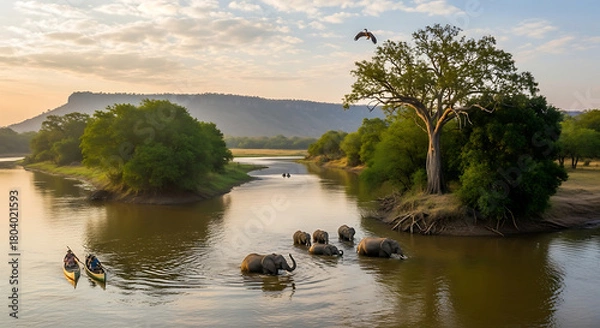 Fototapeta Drone View of Lower Zambezi Canoe Safari and Riverbanks