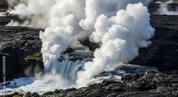 Fototapeta Aerial View of a Lava Field with a Steam-Generating Waterfall