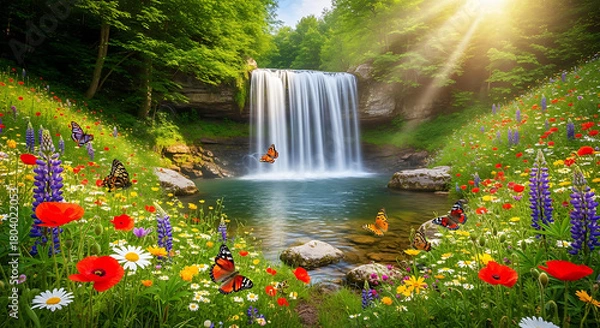 Fototapeta Aerial Perspective of a Waterfall in a Sunlit Forest Clearing