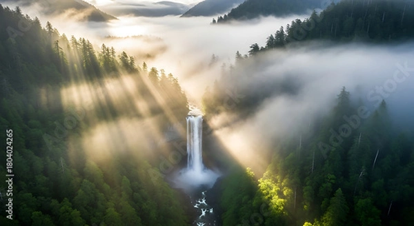 Fototapeta Foggy Waterfall in a Temperate Rainforest with Sunbeams Drone Shot
