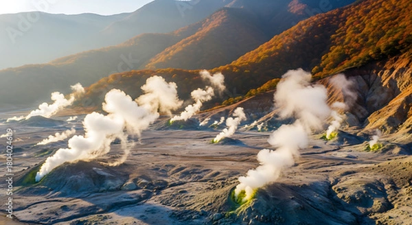 Fototapeta Drone View of Unzen Hell Volcanic Area and Autumn Tree Line