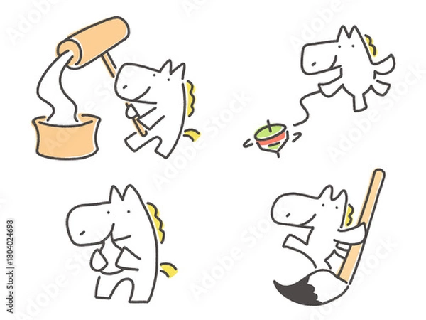 Obraz 正月行事を楽しむ白馬のセット　餅つき　コマ回し　書き初め