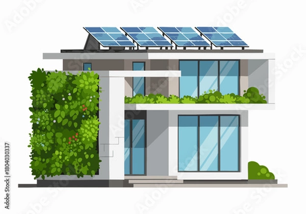 Fototapeta Modern two-story house with solar panels, green wall, and sustainable design elements.