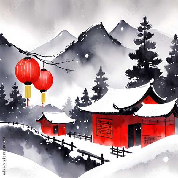 Obraz Traditional chinese village with red lanterns in a snowy landscape isolated on white background isolated on transparent background