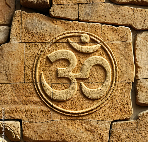 Fototapeta the Om symbol carved into a sandstone wall, with warm beige tones and visible stone texture, decorative illustration
