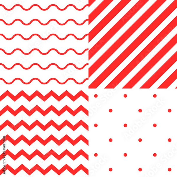 Fototapeta Set of four seamless red and white geometric patterns. Waves, stripes, zigzags, and dots. Suitable for backgrounds, packaging, textiles, branding and wrapping paper. Holiday mood. Vector illustration.