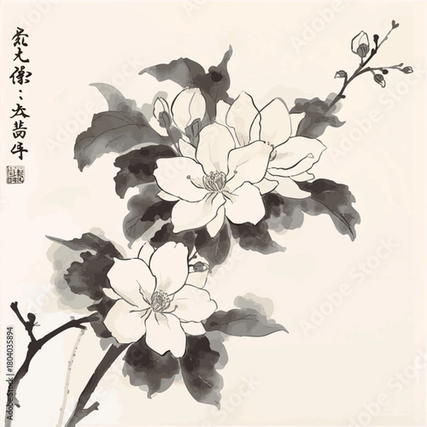 Fototapeta White camelia flowers on white glowing background. Traditional oriental ink painting sumi-e, u-sin, go-hua. Translation of hieroglyph - clarity.