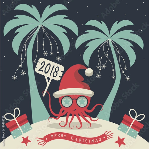 Fototapeta Christmas on the island. Depicts two palm trees, a octopus in Santa Claus hat, garlands of snowflakes, presents on the sand , starfish and scarf with the words merry christmas.