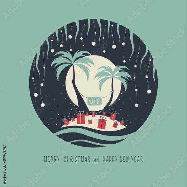 Fototapeta The cover design. Depicts two palm trees, ocean, presents on the sand, a garland of balls of snow and moon in the background. The phrase merry christmas and happy new year. The numbers 2,0,1,8