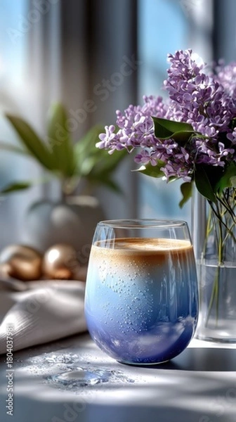Obraz Refreshing butterfly pea latte with lilac flowers