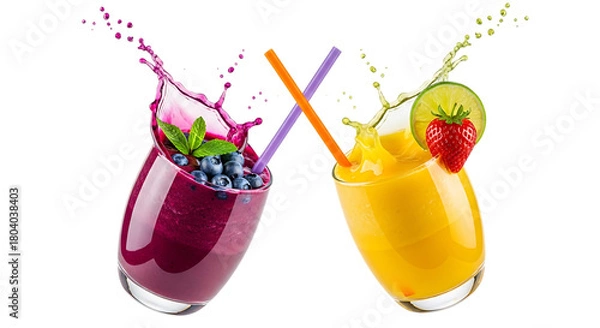 Fototapeta Two glasses of colorful smoothies with splashes, garnished with fresh fruit and straws, isolated on transparent background refreshing and healthy png