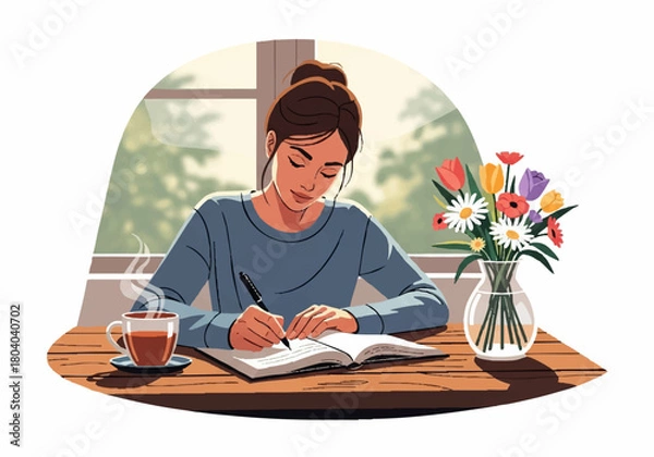 Obraz Woman writing in a notebook at a table, enjoying coffee and flowers.
