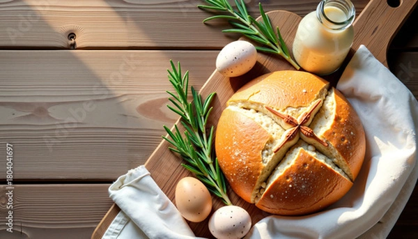 Fototapeta Rustic Breakfast: Fresh Bread & Eggs