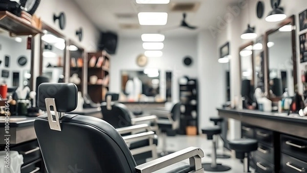 Fototapeta The interior of a modern barber shop, showcasing styling tools and a clean, professional workspace. 