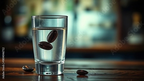Fototapeta Three coffee beans floating in sambuca on a rustic wooden bar. 