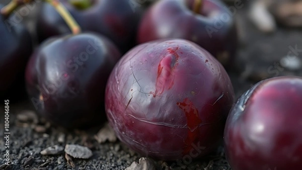 Fototapeta A ripe plum fallen on the ground with purple-red bruise marks, natural lighting, shallow depth of field. 