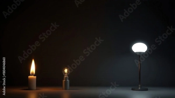 Fototapeta Evolution of light sources from candle flame to modern illumination in chronological sequence. 