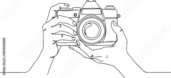 Obraz Minimalist Continuous one line drawing hands holding camera. One line drawing of camera linear style. Black image isolated on white background. 