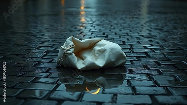 Fototapeta An empty cloth bag lies overturned on wet cobblestones, a puddle reflecting the crescent moon. 