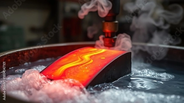 Fototapeta  Red-hot steel being quenched in water, creating dramatic clouds of steam. 