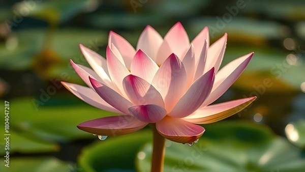 Fototapeta Water lily petals unfolding at dawn with morning dew on serene pond. 