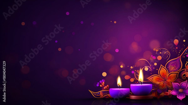 Obraz Group of ultra violet candles. Trend color 2018. Loft style interiorglowing two candles advent backgroundA serene composition featuring warm clay diyas with flickering flames set against a dreamy pu

