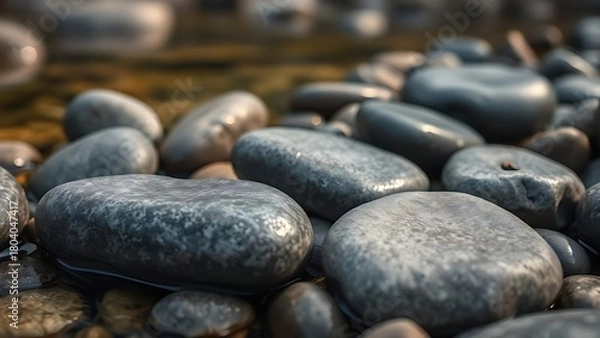 Fototapeta  Smooth, rounded river stones resting on a riverbed, polished by water, with soft aquatic lighting.
