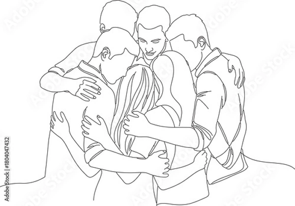 Obraz Continuous line drawing of team holding hands together. Trendy teamwork One single line drawing group of young happy business people isolated on white background vector illustration.