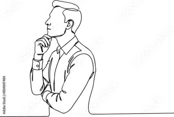 Obraz Thinking man continuous line drawing. One line art of business man thinking idea. Vector illustration isolated on white background.