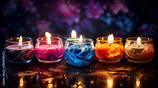 Obraz Immerse yourself in the mystical world of this vibrant otherworldly candlewick, showcasing a brilliant glow that emanates a soothing and radiant light.Burning candle with reflection on water. Colorful