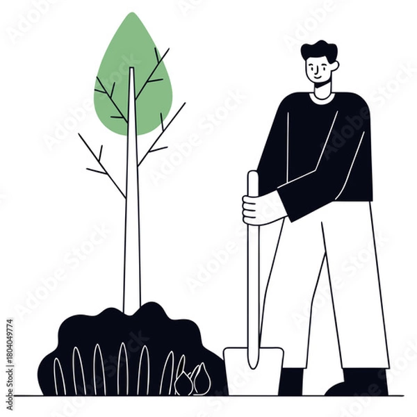 Fototapeta Man planting tree with shovel in garden, promoting environmental awareness and sustainability