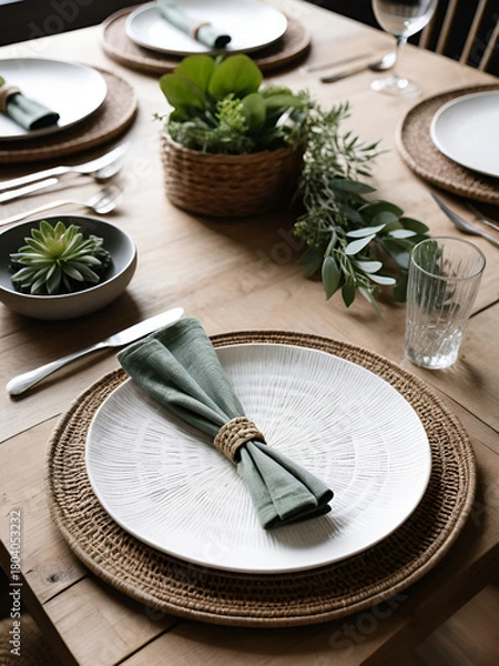 Obraz Rustic table setting with woven placemat and botanical napkin