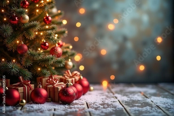 Fototapeta Christmas background with generous copyspace and holiday decorative elements
