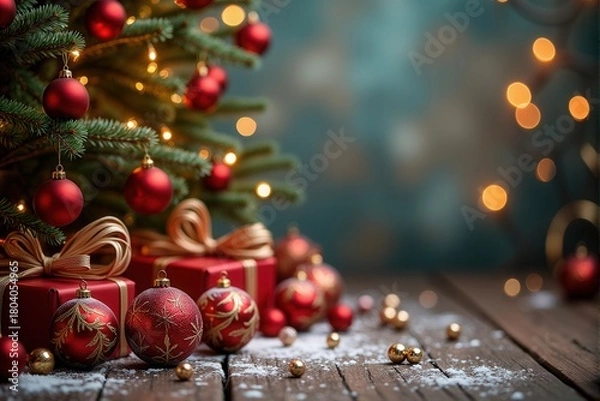 Fototapeta Christmas background with generous copyspace and holiday decorative elements