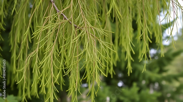 Fototapeta Larch, a tree with thin flexible shoots hanging down strongly, adds picturesqueness to a green, coniferous plant