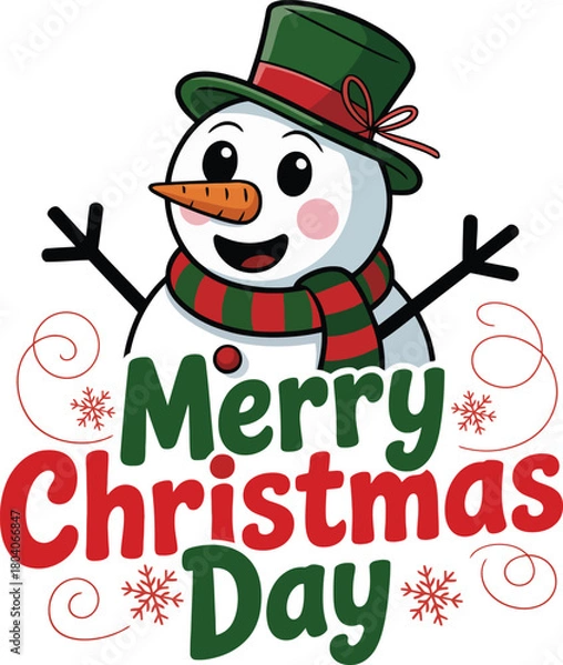 Fototapeta Festive Cartoon Snowman with Green Hat and Red Scarf Celebrating Merry Christmas Day with Decorative Snowflakes and Swirls ? Holiday Vector Illustratio