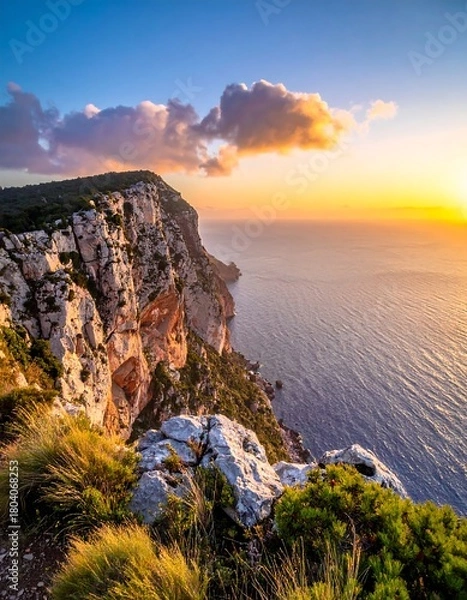 Fototapeta Coastal cliffs under a vibrant sunset sky, over blue ocean