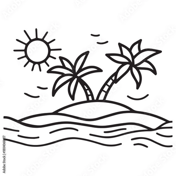 Fototapeta a sunny island with palm trees Line art of  surrounded by water.