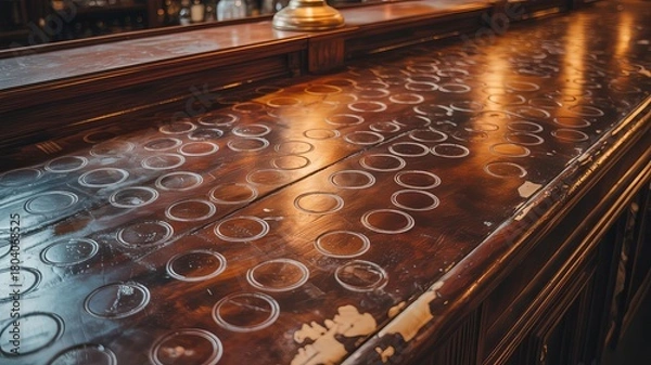 Obraz Bar Top Impressions: A worn wooden bar top, etched with the countless marks of glasses, tells a story of lively evenings, and social gatherings, the remnants of laughter and connection. 