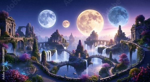 Fototapeta Enchanting Fantasy Landscape with Multiple Moons and Waterfalls.