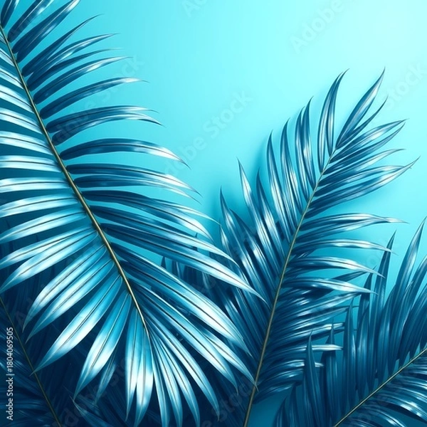 Fototapeta Shimmering Blue Tropical Palm Leaves Background with Pearlescent Glow