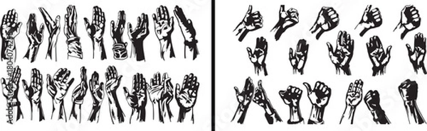 Obraz hand gestures drawing set, hand illustration vector, human hand sketch artwork, line art drawing design, hand symbol collection, gesture positions illustration, artistic hand outline, people gesture v